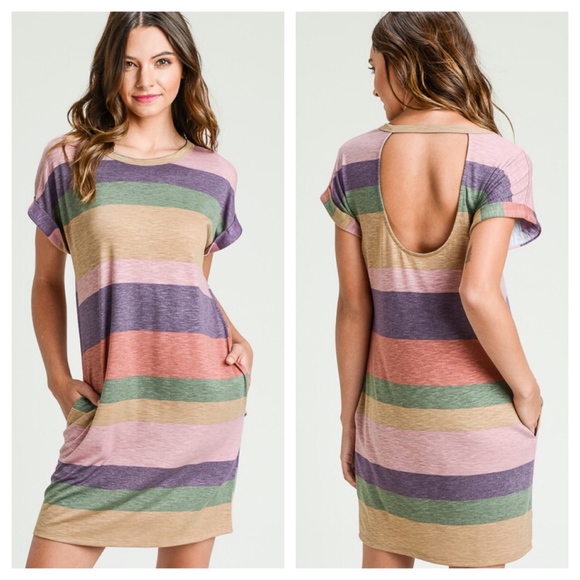 Dresses & Skirts - Multi Color Striped Short Sleeve Dress with Pocket Dresses & Skirts - Multi Color Striped Short Sleeve Dress with Pocket